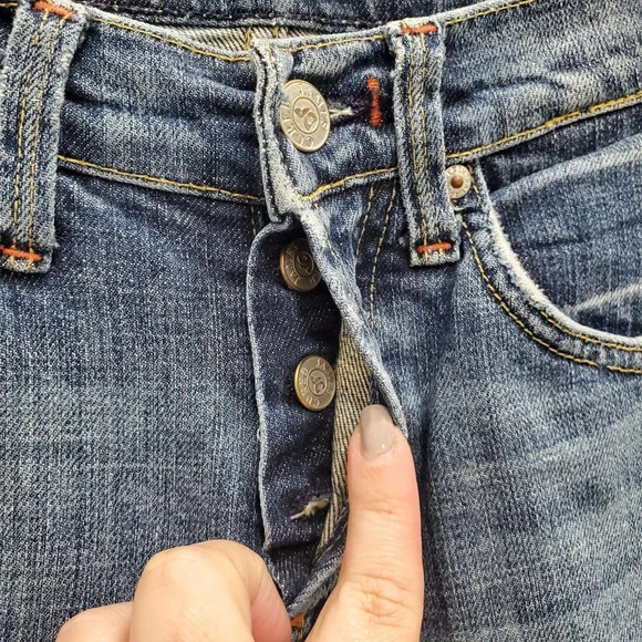James Jeans Cured Dry Aged Denim Medium Distressed Button Fly Bootcut Size 23 - Picture 2 of 5
